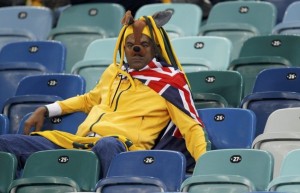 An Australia fan watches the 2010 World Cup Group D soccer match against Germany at Moses Mabhida stadium in Durban
