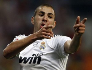Real Madrid's Benzema celebrates after scoring during their Spanish first division match in Madrid