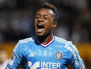 Olympique Marseille's Jordan Ayew celebrates his goal against AS Nancy during French Ligue 1 soccer match in Nancy
