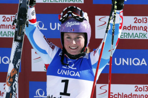 First placed Tessa Worley of France reacts after her second run of the women's Giant Slalom race at the World Alpine Skiing Championships in Schladming