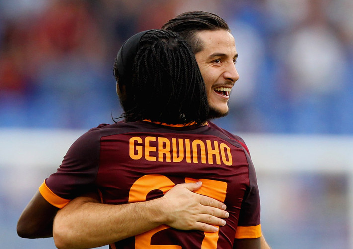 ROME, ITALY - SEPTEMBER 26: Gervinho (R) with his teammate Kostas Manolas of AS Roma celebrates after scoring the team's third goal during the Serie A match between AS Roma and Carpi FC at Stadio Olimpico on September 26, 2015 in Rome, Italy. (Photo by Paolo Bruno/Getty Images)