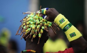 An Olodum band member gestures during the FIFA World Cup soccer match between Brazil and North Korea in Salvador