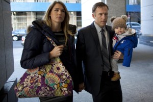 Olympic alpine skier Miller arrives with his wife Morgan and his son at Manhattan's Family Court in New York