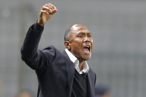 Paris Saint Germain coach Antoine Kombouare reacts during their French Ligue 1 soccer match in Lens