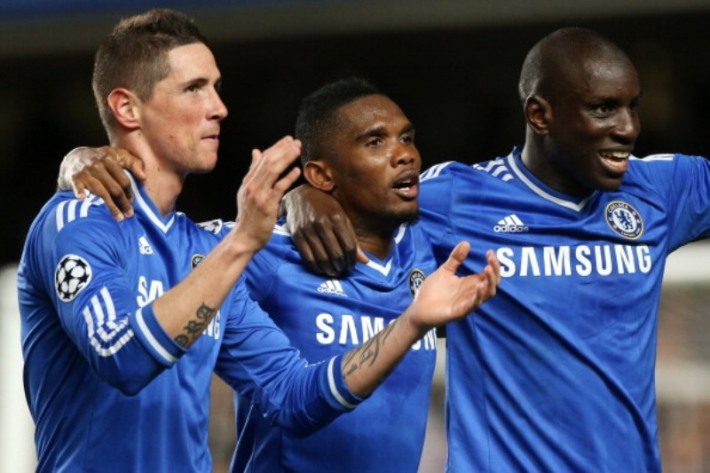 LONDON, ENGLAND - APRIL 08: Fernando Torres, Samuel Eto'o and Demba Ba of Chelsea celebrate victory during the UEFA Champions League quarter final match between Chelsea FC and Paris Saint-Germain FC at Stamford Bridge stadium on April 8, 2014 in London, England, United Kingdom. (Photo by Jean Catuffe/Getty Images)