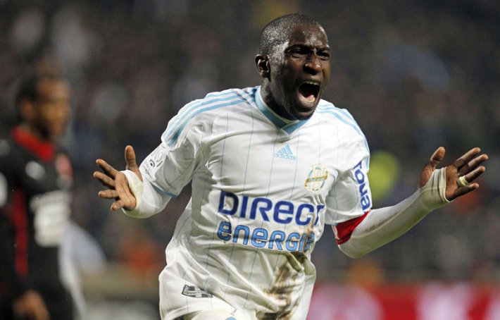 Olympique Marseille's Niang reacts after scoring against Rennes during their French Ligue 1 soccer match at the Velodrome stadium in Marseille