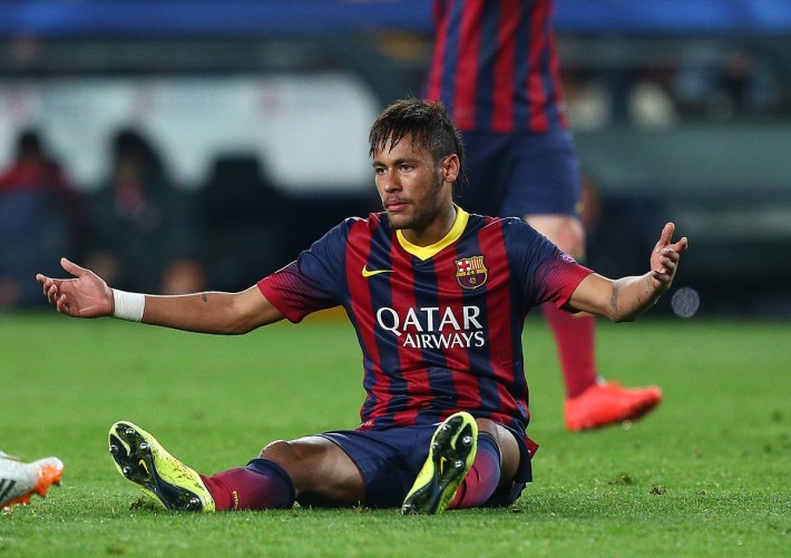 Neymar of Barcelona gestures in frustration after being fouled