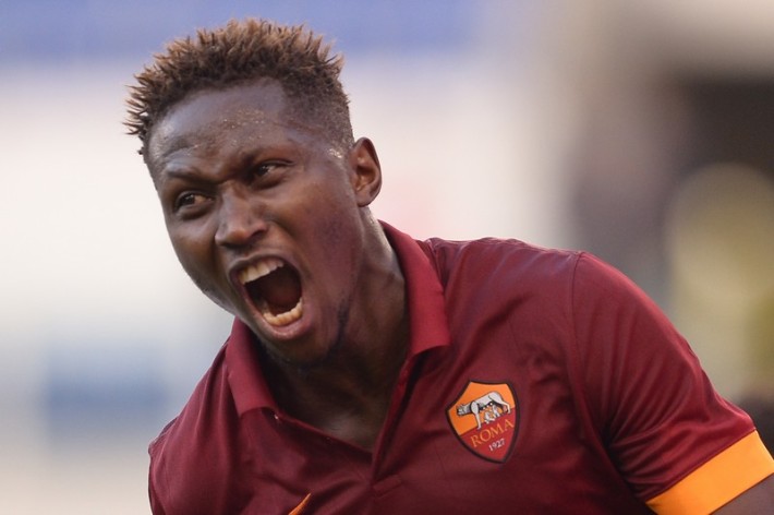 Roma's defender from France Mapou Yanga-Mbiwa celebrates after scoring during the Italian Serie A football match Lazio vs AS Roma on May 25, 2015 at the Olimpic stadium in Rome. AFP PHOTO / FILIPPO MONTEFORTE (Photo credit should read FILIPPO MONTEFORTE/AFP/Getty Images)