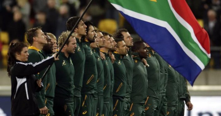 South Africa's Springboks sing their national anthem before playing New Zealand's All Blacks in their Rugby Championship match at Westpac Stadium in Wellington, September 13, 2014. REUTERS/Anthony Phelps (NEW ZEALAND - Tags: SPORT RUGBY) - RTR462OE
