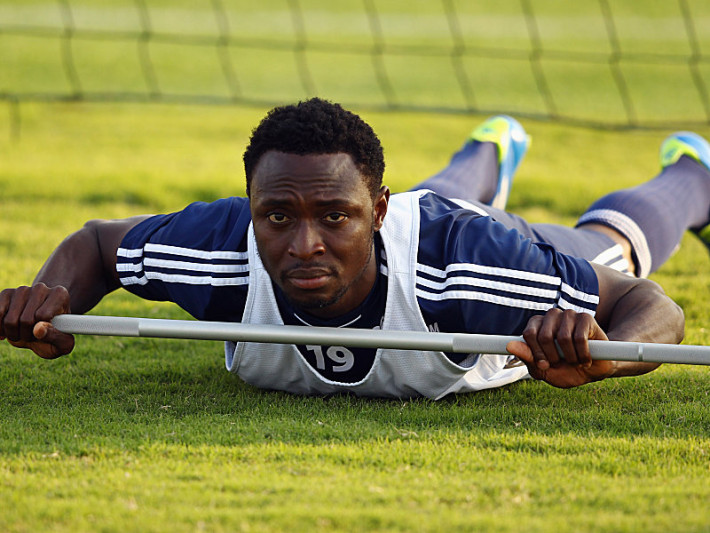 DOHA, QATAR - JANUARY 06: Chinedu Obasi exercises during a training session of Schalke 04 at the ASPIRE Academy for Sports Excellence on January 6, 2012 in Doha, Qatar. (Photo by Alex Grimm/Bongarts/Getty Images)