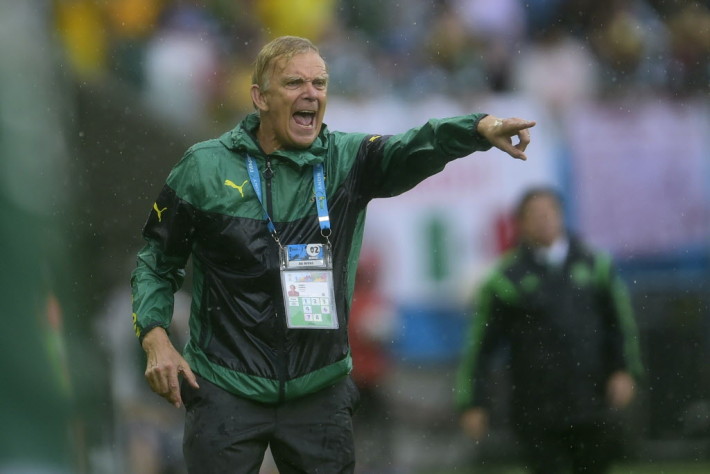 Cameroon's German coach Volker Finke gestures during a Group A football match between Mexico and Cameroon at the Dunas Arena in Natal during the 2014 FIFA World Cup on June 13, 2014. AFP PHOTO / PIERRE-PHILIPPE MARCOUPIERRE-PHILIPPE MARCOU/AFP/Getty Images