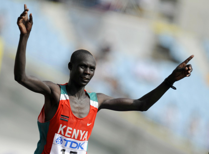 Kenya's Luke Kibet celebrates after winning the men?s marathon, 25 August 2007, at the 11th IAAF World Athletics Championships, in Osaka. Kenya's Luke Kibet won ahead of Mubarak Hassan Shami and Viktor Rothlin .AFP PHOTO / ERIC FEFERBERG (Photo credit should read ERIC FEFERBERG/AFP/Getty Images)