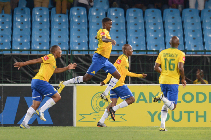 PRETORIA, SOUTH AFRICA - APRIL 17: Richard Henyekane and teammates celebrates his goal during the Absa Premiership match between Mamelodi Sundowns and University of Pretoria from Loftus Stadium on April 17, 2013 in Pretoria, South Africa. (Photo by Lefty Shivambu/Gallo Images)