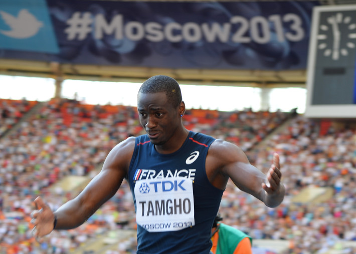 France's Teddy Tamgho reacts after winning the men's triple jump final at the 2013 IAAF World Championships at the Luzhniki stadium in Moscow on August 18, 2013. AFP PHOTO / ANTONIN THUILLIER (Photo credit should read ANTONIN THUILLIER/AFP/Getty Images)