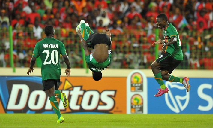 Zambia's midfielder Christopher Katongo (C) celebrates after scoring a goal during the Group A 2012 Africa Cup of Nations football match between Equatorial Guinea and Zambia in Malabo, on January 29, 2012, at the Malabo stadium. The African Cup of Nations 2012 is taking place in Gabon and Equatorial Guinea from January 21 to Febuary 12, 2012. Zambia won 1-0. AFP PHOTO / ALEXANDER JOE (Photo credit should read ALEXANDER JOE/AFP/Getty Images)