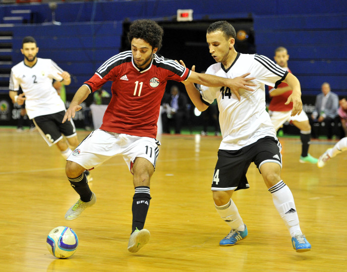 Kareem Ahmed of Egypt challenged by Mohamed Ghaeb of Libya during the 2016 Futsal African Cup of Nations match between Egypt and Libya at the Ellis Park Stadium in Johannesburg, South Africa on April 16, 2016 ©Samuel Shivambu/BackpagePix