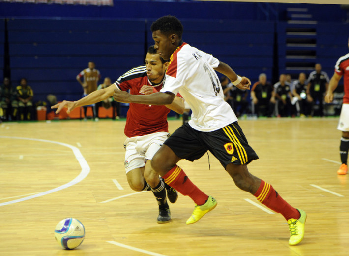 Ibrahim Ibrahim of Egypt challenges Osvaldo Inacio of Angola during the CAF Futsal Africa Cup of Nations match between Egypt and Angola on 18 April 2016 at Ellis Park Stadium Pic Sydney Mahlangu/ BackpagePix