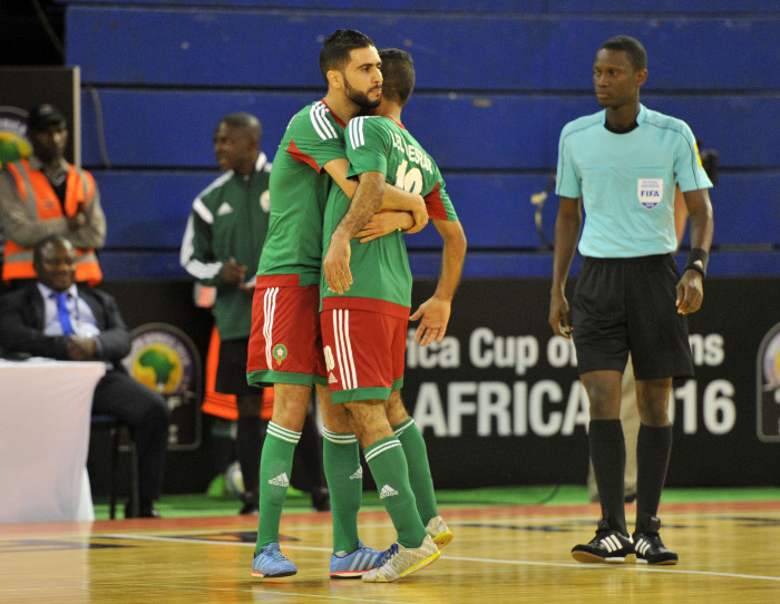 Saad Knia of Morocco celebrates his goal with his teammates during the 2016 Futsal African Cup of Nations match between Angola and Morocco at the Ellis Park Stadium in Johannesburg, South Africa on April 16, 2016 ©Samuel Shivambu/BackpagePix