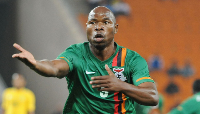 Collins Mbesuma of Zambia celebrates his goal during the Nelson Mandela Challenge South Africa and Zambia on the 14 November at FNB Stadium
©Samuel Shivambu/BackpagePix
