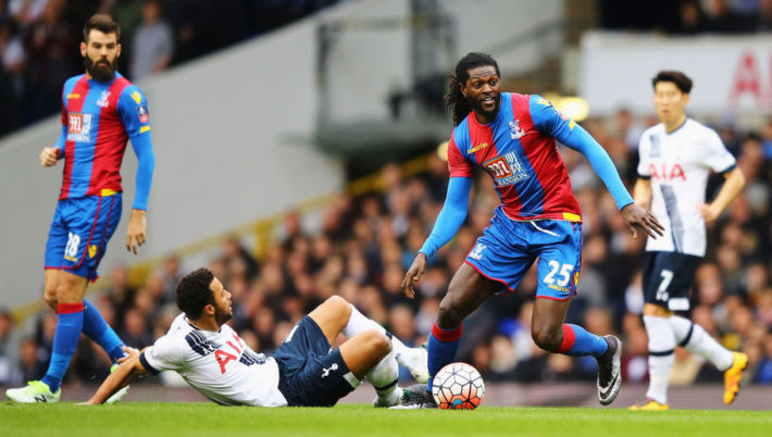 LONDON, ENGLAND - FEBRUARY 21: Emmanuel Adebayor of Crystal Palace is tackled by Mousa Dembele of Tottenham Hotspur during the Emirates FA Cup Fifth Round match between Tottenham Hotspur and Crystal Palace at White Hart Lane on February 21, 2016 in London, England. (Photo by Richard Heathcote/Getty Images)