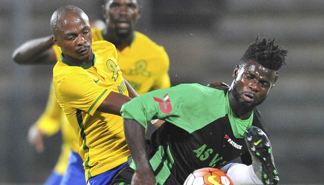 Bernard Morrison of AS Vita challenged by Tebogo Langerman of Mamelodi Sundowns during the 2016 CAF Champions League football match between Mamelodi Sundowns v AS Vita at the Lucas Moripe Stadium in Pretoria, South Africa on April 20, 2016 ©Samuel Shivambu/BackpagePix