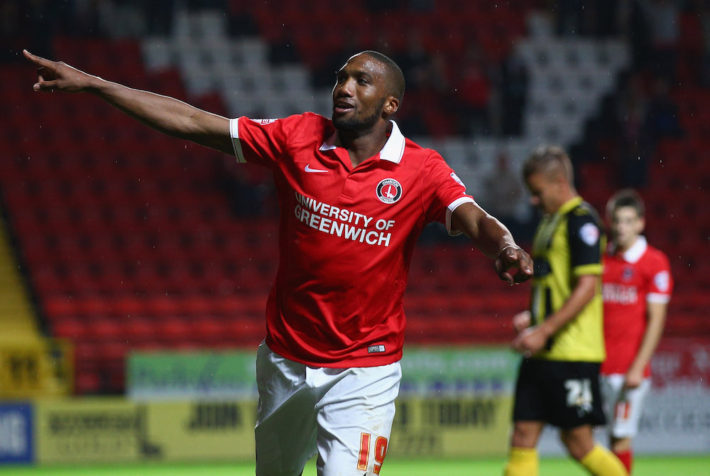 LONDON, ENGLAND - AUGUST 11: Zakarya Bergdich of Charlton Athletic celebrates scoring a goal during the Capital One Cup First Round match between Charlton Athletic v Dagenham & Redbridge at The Valley on August 11, 2015 in London, England. (Photo by Ian Walton/Getty Images)
