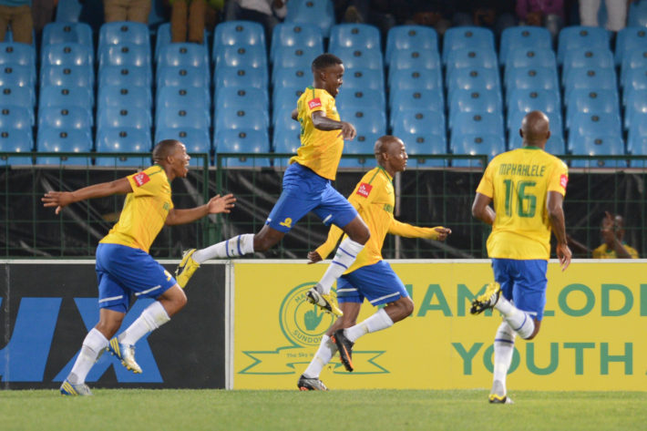 PRETORIA, SOUTH AFRICA - APRIL 17: Richard Henyekane and teammates celebrates his goal during the Absa Premiership match between Mamelodi Sundowns and University of Pretoria from Loftus Stadium on April 17, 2013 in Pretoria, South Africa. (Photo by Lefty Shivambu/Gallo Images)