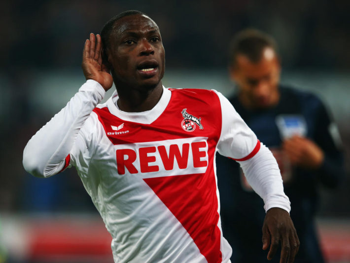COLOGNE, GERMANY - NOVEMBER 22: Anthony Ujah of Koeln celebrates his team's first goal during the Bundesliga match between 1. FC Koeln and Hertha BSC at RheinEnergieStadion on November 22, 2014 in Cologne, Germany. (Photo by Alex Grimm/Bongarts/Getty Images)