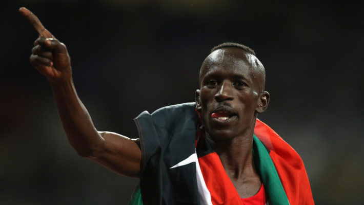 LONDON, ENGLAND - AUGUST 05: Ezekiel Kemboi of Kenya celebrates winning gold in the Men's 3000m Steeplechase on Day 9 of the London 2012 Olympic Games at the Olympic Stadium on August 5, 2012 in London, England. (Photo by Ezra Shaw/Getty Images)