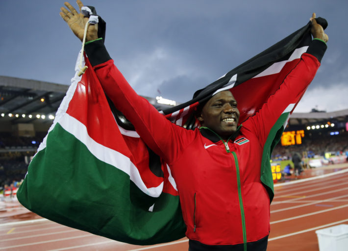 Julius Yego of Kenya celebrates after winning the men's javelin throw at the 2014 Commonwealth Games in Glasgow, Scotland, August 2, 2014. REUTERS/Suzanne Plunkett (BRITAIN - Tags: SPORT ATHLETICS) - RTR4111K