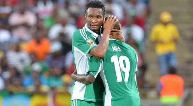Sunday Mba of Nigeria celebrates his goal with his teammate John Obi Mikel of Nigeria during the 2013 Orange Africa Cup of Nations Quarter-Final soccer match, Ivory Coast Vs Nigeria at the Royal Bafokeng Stadium in Rustenburg, South Africa on February 3, 2013. Photo by Sports Inc/PA Photos/ABACAPRESS.COM