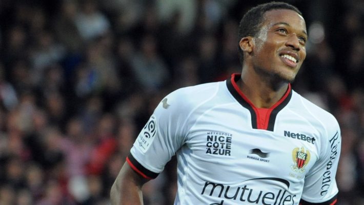 Nice's French forward Alassa Plea celebrates after scoring during the French L1 football match Guingamp vs Nice on October 26, 2014 at the Roudourou stadium in Guingamp, western of France. AFP PHOTO FRED TANNEAU (Photo credit should read FRED TANNEAU/AFP/Getty Images)