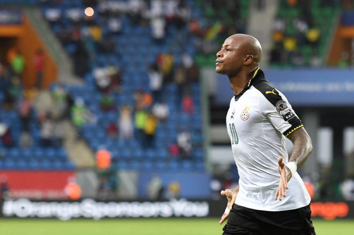 Ghana's forward Andre Ayew celebrates after scoring a goal during the 2017 Africa Cup of Nations group D football match between Ghana and Uganda in Port-Gentil on January 17, 2017. / AFP PHOTO / Justin TALLIS