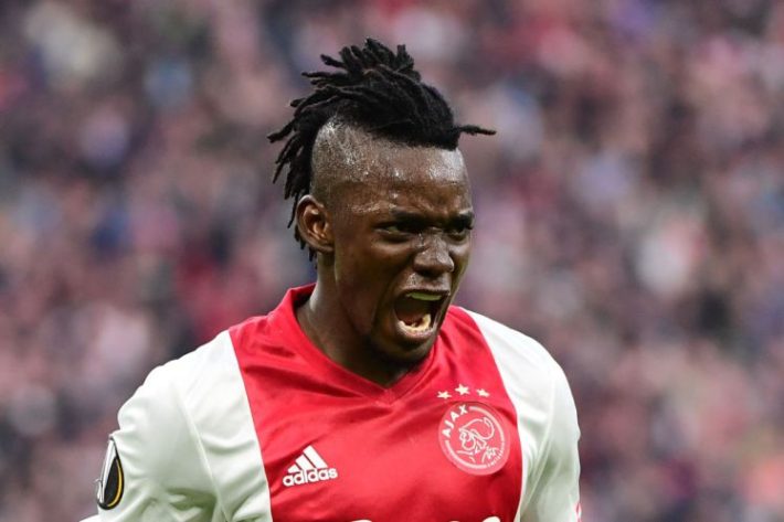 Ajax forward Bertrand Traoré reacts after fourth goal during UEFA Europa League semi-final, first leg, Ajax Amsterdam v Olympique Lyonnais (OM) on May 3, 2017 in Amsterdam. / AFP PHOTO / Emmanuel DUNAND (Photo credit should read EMMANUEL DUNAND/AFP/Getty Images)