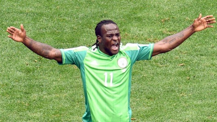 Nigeria's forward Victor Moses reacts during a Round of 16 football match between France and Nigeria at Mane Garrincha National Stadium in Brasilia during the 2014 FIFA World Cup on June 30, 2014. AFP PHOTO / EVARISTO SA