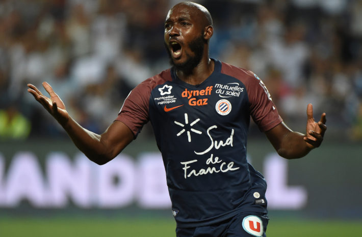 Montpellier's Ivorian forward Giovanni Sio reacts during the French L1 football match between Montpellier (MHSC) and Strasbourg (RCSA), on August 19, 2017, at the La Mosson Stadium in Montpellier, southern France. / AFP PHOTO / SYLVAIN THOMAS