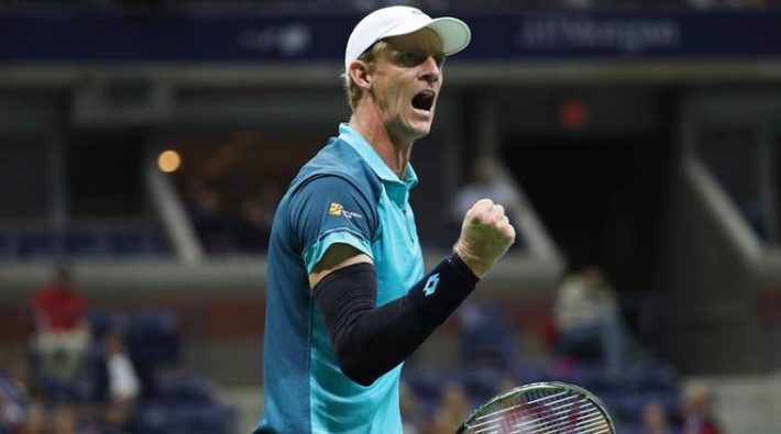 Sep 5, 2017; New York, NY, USA; Kevin Anderson of South Africa reacts after winning the first set against Sam Querrey of the United States (not pictured) on day nine of the U.S. Open tennis tournament at USTA Billie Jean King National Tennis Center. Mandatory Credit: Geoff Burke-USA TODAY Sports