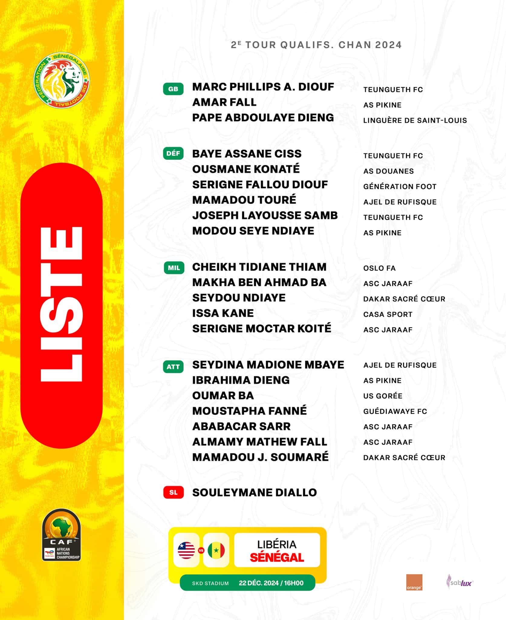 Senegal names 21-man squad for CHAN 2024 qualifiers against Liberia Senegal names 21-man squad for CHAN 2024 qualifiers against Liberia