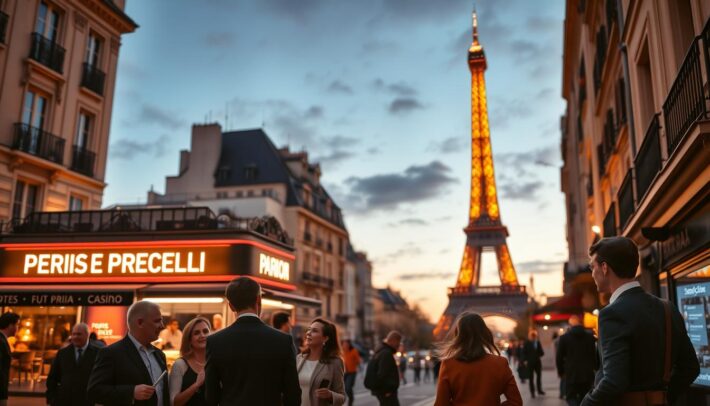 A Parisian cityscape at dusk, with the iconic Eiffel Tower in the background, softly illuminated against a warm, golden sky. In the foreground, a group of well-dressed individuals engage in lively conversation, their expressions conveying a sense of responsible decision-making. The middle ground features a sports betting parlor, its neon signs casting a subtle glow onto the surrounding sidewalks and buildings. The overall atmosphere is one of sophistication, balance, and responsible gambling practices, reflecting the section title "Parier de manière responsable".