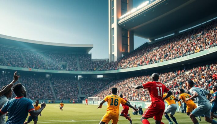 A bustling African football stadium, with fans passionately cheering on their teams. In the foreground, players in vibrant jerseys battle for possession of the ball, captured in a dynamic action shot with dramatic lighting and a shallow depth of field. In the middle ground, the roaring crowd fills the stadium's stands, their energy palpable. The background showcases the stadium's towering architecture, a blend of modern and traditional African design elements. The overall scene conveys the electric atmosphere and cultural significance of the "AFRICA TOP SPORTS" event, reflecting the paradoxical economic realities of the African football landscape.