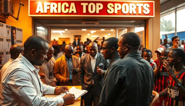 A bustling African football transfer market, with players negotiating contracts and agents finalizing deals under the bright lights of a sports agency signage that reads "AFRICA TOP SPORTS". In the middle ground, coaches and scouts scout talented players, while in the background, fans eagerly await news of their favorite team's latest signings. The scene is bathed in a warm, golden hue, reflecting the vibrant energy and potential of African football. The image captures the impact of these transfers on the development of the sport in the continent, showcasing the dynamic ecosystem of African football.