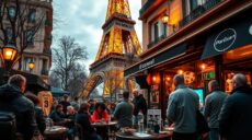 A bustling Parisian sports betting scene, with the iconic Eiffel Tower looming in the background. In the foreground, a group of enthusiastic fans gather around a cozy café, eagerly discussing the latest football and basketball odds from africartopbet.com. The atmosphere is electric, with the warm glow of street lamps and the chatter of passionate sports bettors creating a lively, urban ambiance. The middle ground features various sports memorabilia and betting slips, hinting at the diverse range of events covered by the Cotes Paris Sportifs platform. The scene is captured through a wide-angle lens, emphasizing the depth and energy of this vibrant sports betting hub.