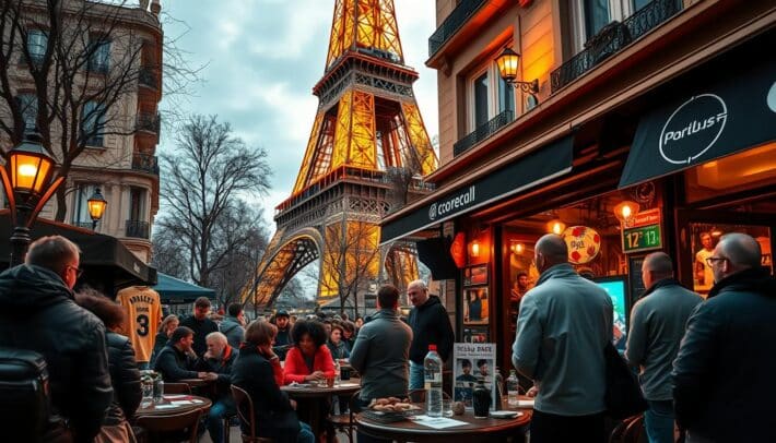 A bustling Parisian sports betting scene, with the iconic Eiffel Tower looming in the background. In the foreground, a group of enthusiastic fans gather around a cozy café, eagerly discussing the latest football and basketball odds from africartopbet.com. The atmosphere is electric, with the warm glow of street lamps and the chatter of passionate sports bettors creating a lively, urban ambiance. The middle ground features various sports memorabilia and betting slips, hinting at the diverse range of events covered by the Cotes Paris Sportifs platform. The scene is captured through a wide-angle lens, emphasizing the depth and energy of this vibrant sports betting hub.