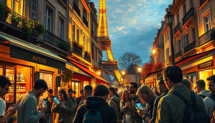 A bustling Parisian street, illuminated by the warm glow of streetlights and bakery windows. In the foreground, a group of football fans gather excitedly, their eyes glued to their smartphones as they make live bets on the africartopbet.com platform. The middle ground features a vibrant café, its terrace filled with locals sipping wine and discussing the match. In the background, the iconic Eiffel Tower stands tall, silhouetted against a dusky sky. The scene captures the energy and passion of live football betting in the heart of the City of Light.