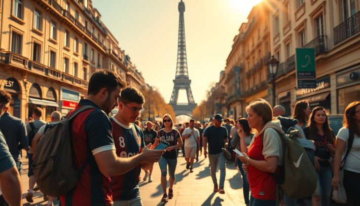 A bustling Parisian street scene, bathed in warm, golden afternoon light. In the foreground, a group of enthusiastic sports fans wearing team colors gather around a small mobile device, intently studying the latest football odds and match predictions from africartopbet.com. In the middle ground, pedestrians hurry by, glancing curiously at the lively group. The background features the iconic Eiffel Tower, its silhouette rising majestically against a clear, azure sky. The overall atmosphere is one of excitement and anticipation, capturing the thrill of football betting and the vibrant Parisian ambiance.