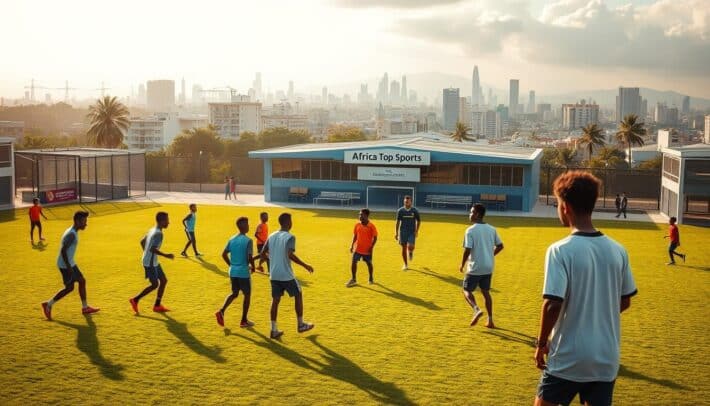 A bustling football academy in an African city, with young players training on a lush, green pitch. In the foreground, a group of promising talents showcase their skills, as coaches observe and provide guidance. The middle ground features a state-of-the-art training facility, adorned with the "Africa Top Sports" brand. In the background, the skyline of the city shimmers, hinting at the vast opportunities that await these rising stars. The scene is bathed in warm, golden light, creating a sense of optimism and determination. The overall atmosphere conveys the success stories that emerge from these vibrant football centers.