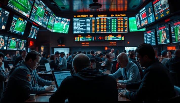 A bustling sports betting parlor, dimly lit with the glow of multiple screens displaying live event updates and odds. In the foreground, a group of analysts huddled over a table, intently studying statistics, game footage, and player profiles, their expressions intense as they discuss and refine their sports predictions. The middle ground features patrons excitedly placing bets, their faces a mix of anticipation and focus. In the background, a large display board showcases the latest game results and upcoming fixtures, creating an atmosphere of anticipation and excitement. The overall scene conveys the complex process of how expert sports analysts leverage data and expertise to formulate their pronostics.