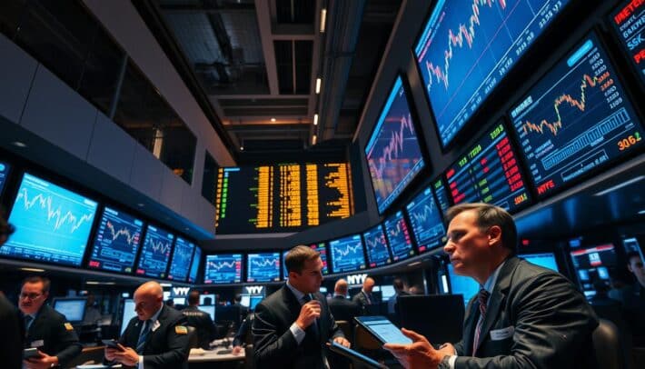 A bustling stock exchange trading floor, with financial analysts intently studying charts and graphs projected onto large screens. Warm, focused lighting illuminates the tense, yet determined expressions of the traders as they meticulously manage their bankrolls, carefully balancing risk and reward in pursuit of long-term success. The scene is framed by a sleek, minimalist architecture, conveying a sense of order and discipline amidst the dynamic activity. The overall atmosphere is one of concentration, strategy, and the pursuit of financial mastery.