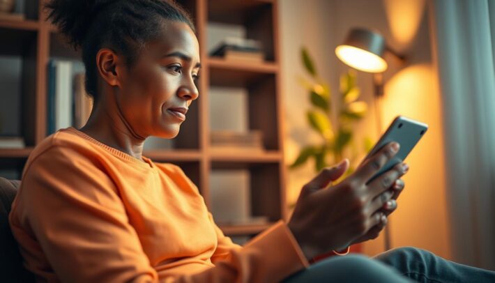 A close-up view of a patient with a sports injury consulting a physician online. The patient is sitting in a cozy home office, holding a tablet device as they speak with the doctor, whose face is visible on the screen. The lighting is warm and inviting, with a soft spotlight illuminating the patient's face. The background features a bookshelf and a potted plant, creating a professional yet welcoming atmosphere. The image conveys a sense of trust and care as the patient receives medical attention remotely. Africa Top Sports