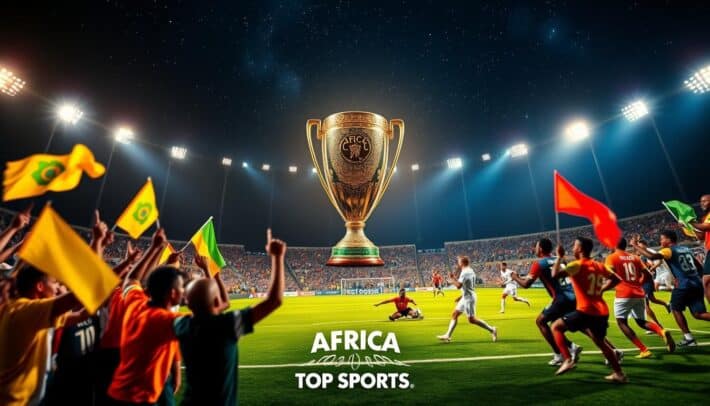 A dramatic and vibrant image depicting the "Ligue des Champions de la CAF", the premier club football competition in Africa. Set against a backdrop of a starry night sky, the iconic trophy stands tall and proud, its intricate details shimmering under the warm glow of spotlights. In the foreground, a group of passionate fans in colorful jerseys wave flags and cheer, their expressions filled with excitement and anticipation. The middle ground features a well-manicured football pitch, where two teams engage in a fierce yet elegant match, their movements captured in a blur of motion. The AFRICA TOP SPORTS brand is prominently displayed, adding to the sense of grandeur and prestige surrounding this prestigious event.